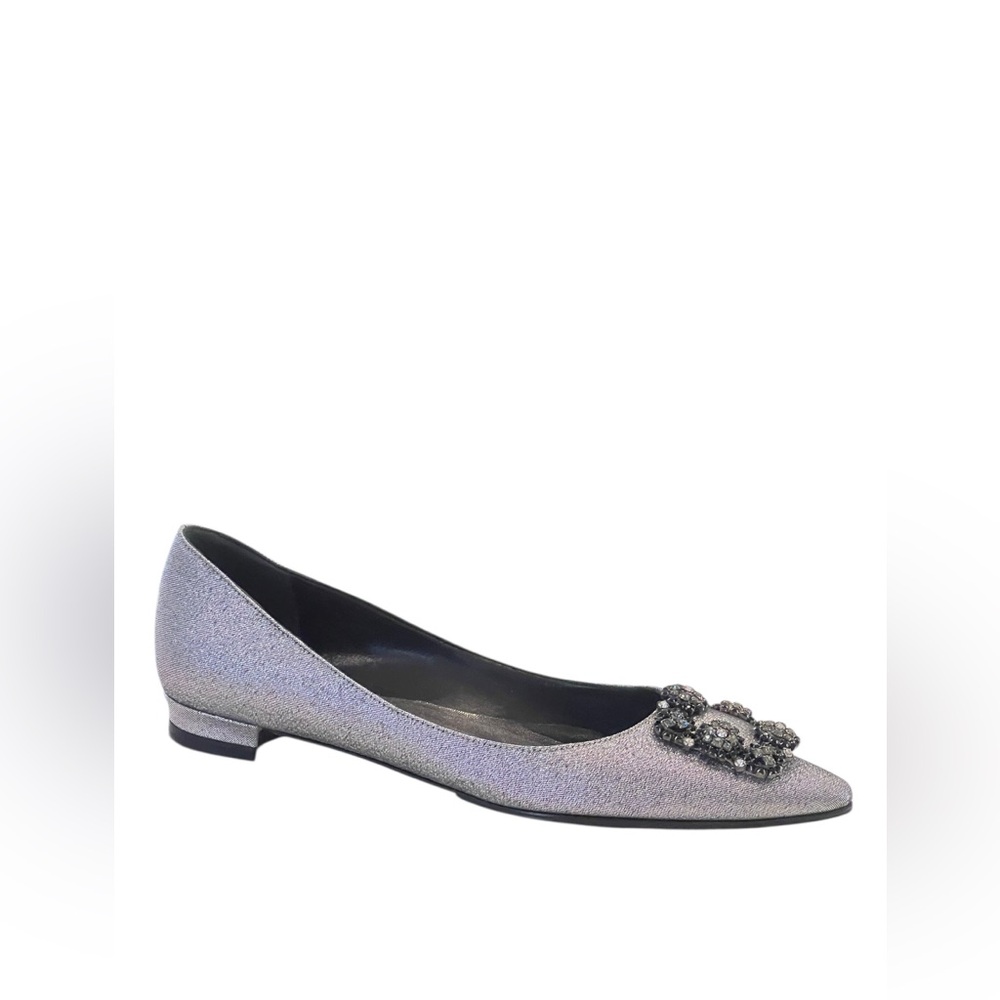 Manolo Blahnik Hangisi 10mm Silver Glitter Flats Crystal Buckle Ballerinas